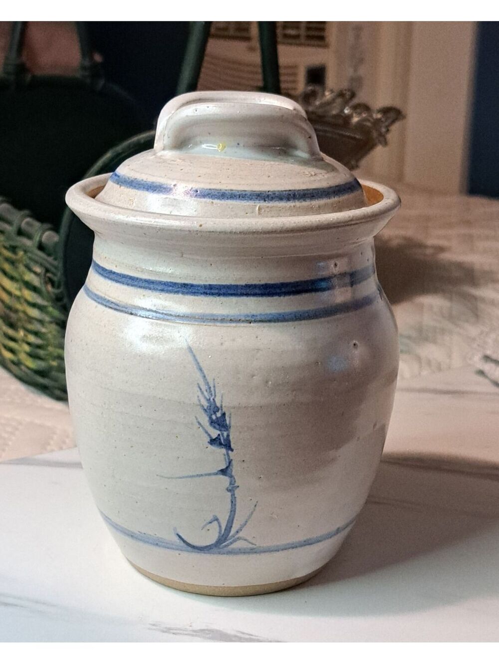 Vintage Rustic Stoneware Crock Sanvik Pottery-Carol Sanvik w/ Loop Accented Lid